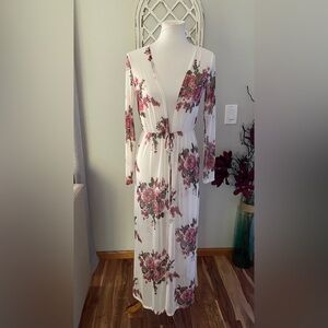 Guess Reina Mesh Floral Duster / Kimono / Coverup White/Pink Size M